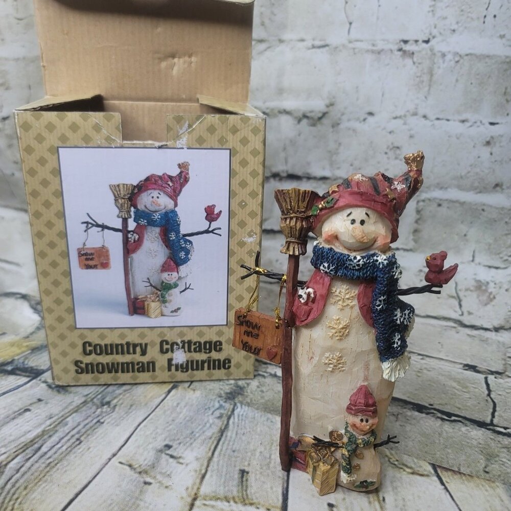 Snowman Figurine w Broom and Let it Snow Sign and Tree Sign Appx 8 Inches Tall